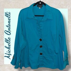 🥰MICHELLE ANTONELLI TEAL V NECK BLACK BUTTONS BLOUSE
